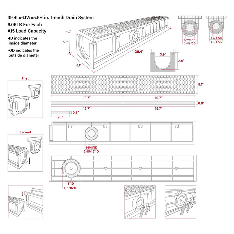 39.4Lx6.1Wx5.5H in. Channel Drain with Grates 6 Pack Plastic Trench Drain System Deep Profile HDPE Trench Drain for Outdoor,Downspout,Yard Fence,Pool,Sidewalk,Patio