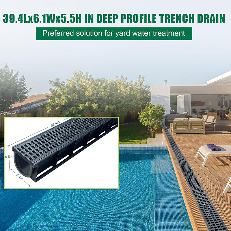 39.4Lx6.1Wx5.5H in. Channel Drain with Grates 6 Pack Plastic Trench Drain System Deep Profile HDPE Trench Drain for Outdoor,Downspout,Yard Fence,Pool,Sidewalk,Patio