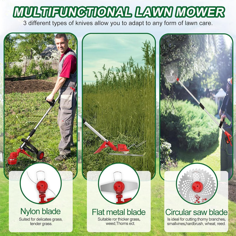 9-inch Trimmer & Edger Battery Powered with 2 Pcs 4.0Ah Batteries 3 Types Blades 3 in 1 Wheeled Grass Lawn Trimmer/Brush Cutter