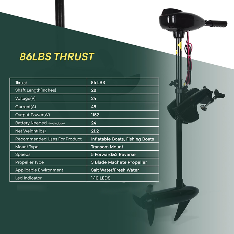 86 Lbs Thrust 8 Speed Electric Outboard Trolling Motor For Fishing Boat Saltwater Transom Mount With Adjustable Handle, 24V 28" Shaft