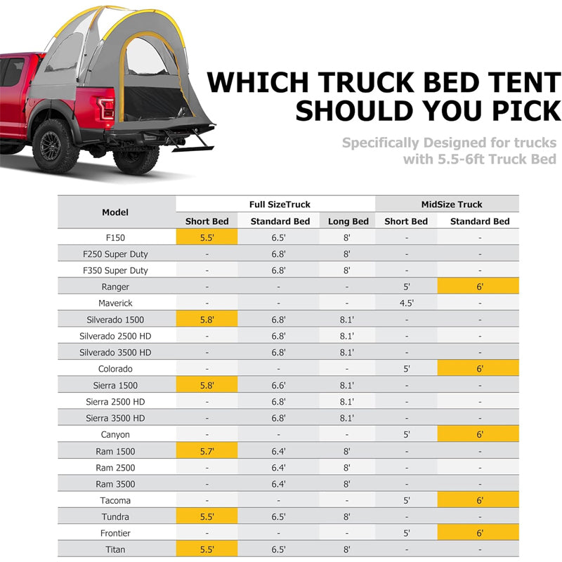Truck Tent For 6.5-8 Ft Truck Bed, Pickup Truck Bed Tent Double Layer Waterproof Pu2000mm For Camping