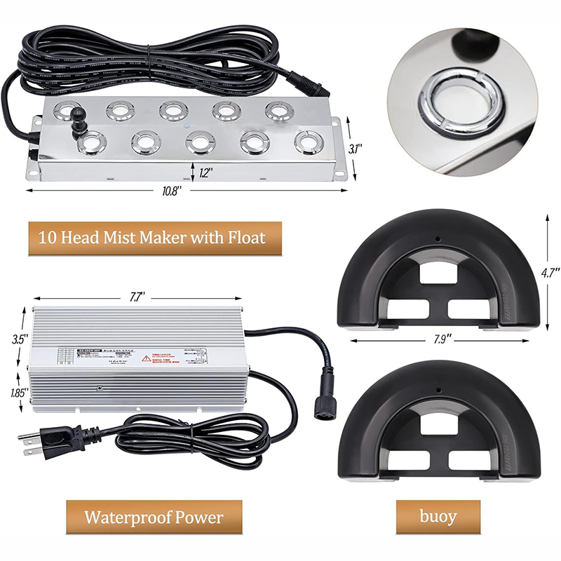 Ultrasonic Mist Maker 10 heads 6L/H Ultrasonic Atomizer with 300W Waterproof Power Supply Heavy Mist Device Garden Atomizer Humidifier Pond Atomizer for Gardening Greenhouse Landscape