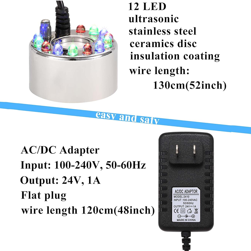 Ultrasonic Mist Maker Splashproof Float 12 LED Atomizer Indoor Fountain Small Atomizer Fish Tank AC/DC Adapter Atomizer Large Pot Stainless Steel Atomizer Ultrasonic Humidifier Indoor Sprayer Atomizer Decoration