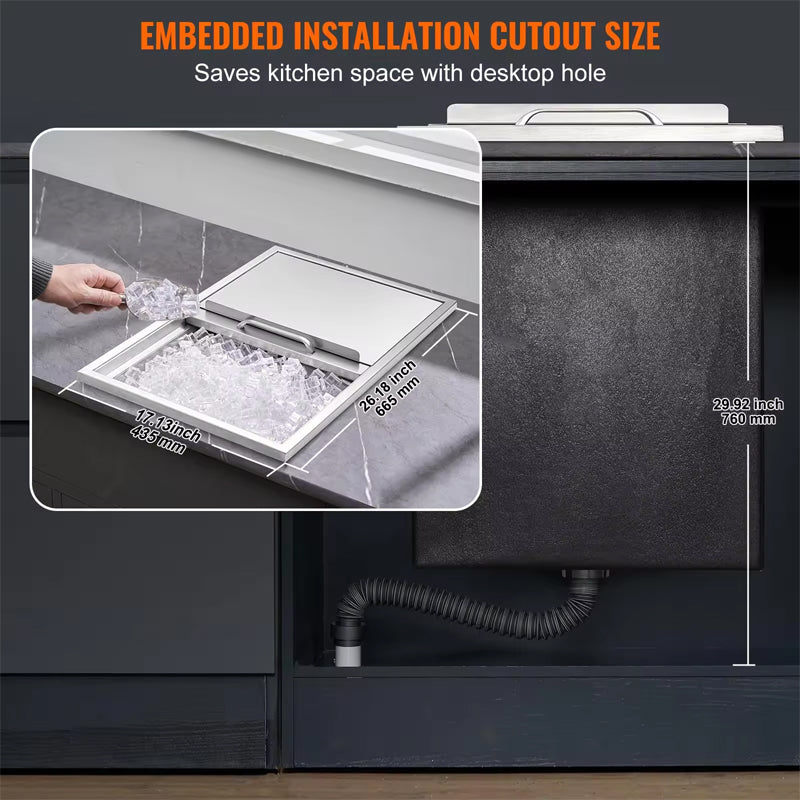 Commercial Stainless Steel Ice Storage Tank Countertop Embedded Ice Bucket Thickened Bar Kitchen Tea Shop Storage Dedicated