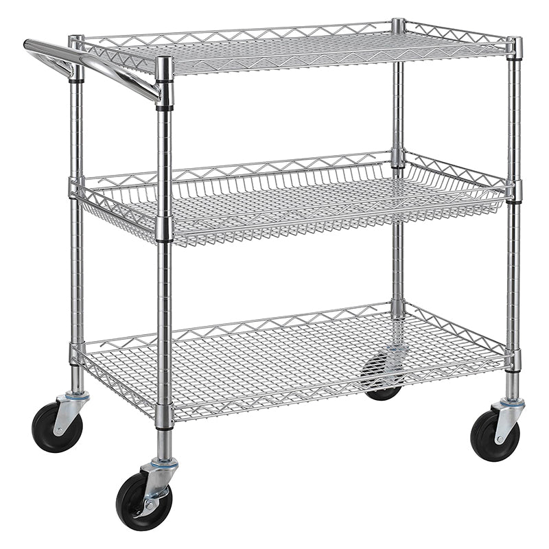 3 Tier Heavy Duty Commercial Grade Utility Cart Rolling Cart with Handle Bar Utility Shelf Plant Display Shelf Food Storage Trolley