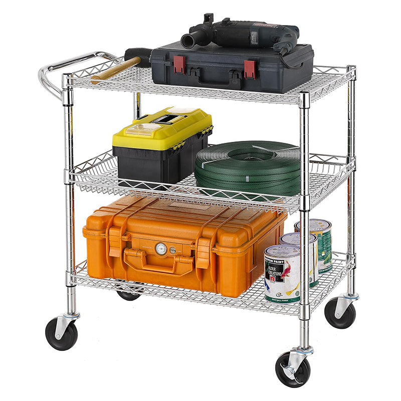 3 Tier Heavy Duty Commercial Grade Utility Cart Rolling Cart with Handle Bar Utility Shelf Plant Display Shelf Food Storage Trolley