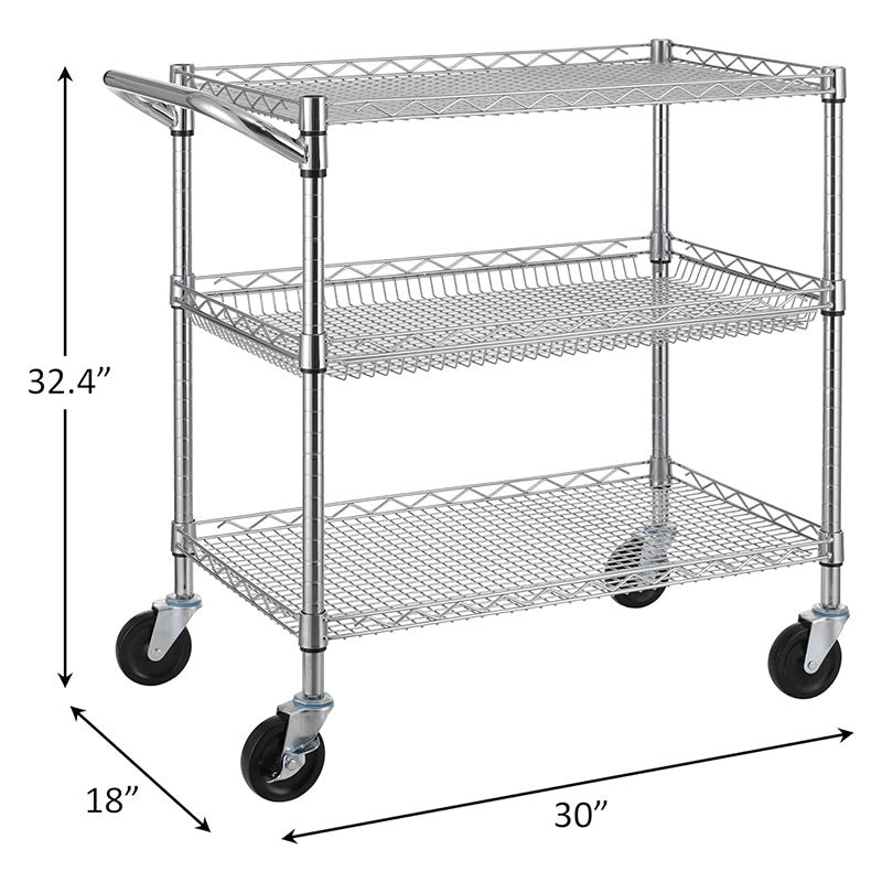 3 Tier Heavy Duty Commercial Grade Utility Cart Rolling Cart with Handle Bar Utility Shelf Plant Display Shelf Food Storage Trolley