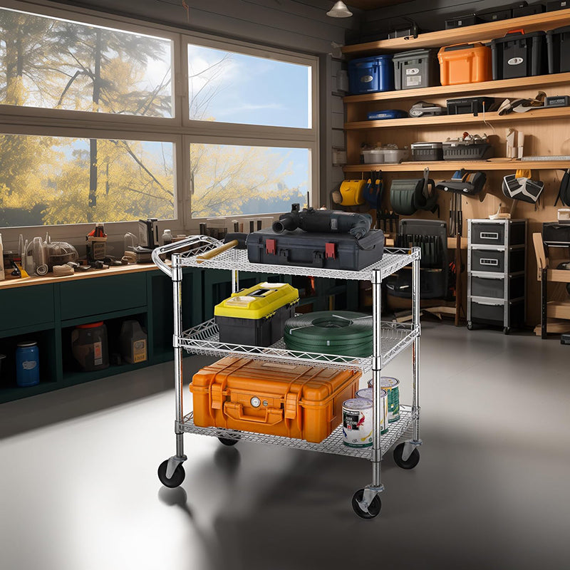 3 Tier Heavy Duty Commercial Grade Utility Cart Rolling Cart with Handle Bar Utility Shelf Plant Display Shelf Food Storage Trolley