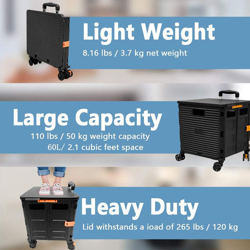 Foldable Utility Cart 120 lbs Load Capacity Folding Portable Rolling Crate Collapsible 4 Rotate