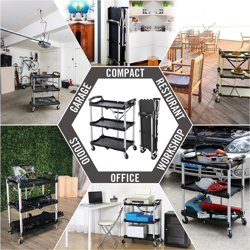 Utility Carts Foldable Utility Service Cart Shelf 150LBS Heavy Duty Plastic Rolling Cart Folding Collapsible Service Cart