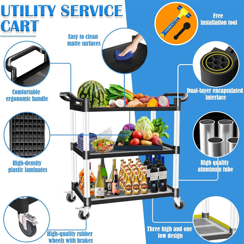 3 Tier Utility Carts with Wheels 510 lbs Capacity Lockable Wheels for Office Living Room Kitchen