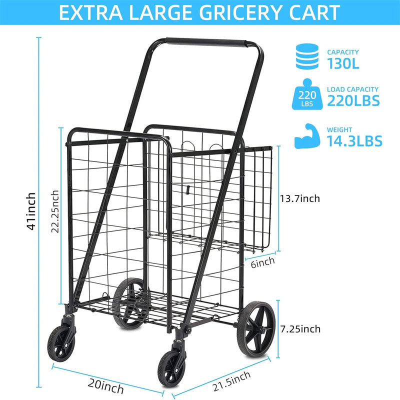Utility Carts with 360 Degree Rolling Swivel Grocery Cart with Removable Oxford Cloth Liner 220lb Capacity Black