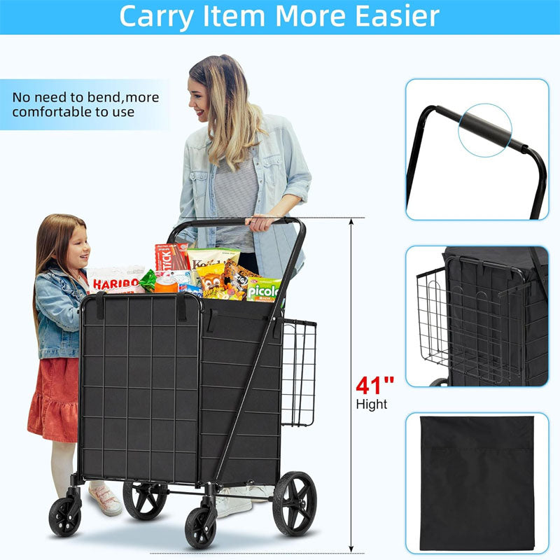 Utility Carts with 360 Degree Rolling Swivel Grocery Cart with Removable Oxford Cloth Liner 220lb Capacity Black