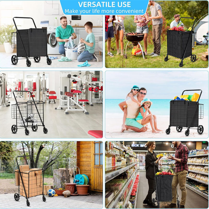 Utility Carts with 360 Degree Rolling Swivel Grocery Cart with Removable Oxford Cloth Liner 220lb Capacity Black