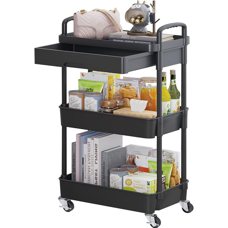 3-Tier Rolling Utility Cart with Drawer Multifunctional Storage Organizer for Kitchen Bathroom Living Room Office
