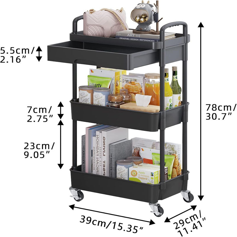 3-Tier Rolling Utility Cart with Drawer Multifunctional Storage Organizer for Kitchen Bathroom Living Room Office