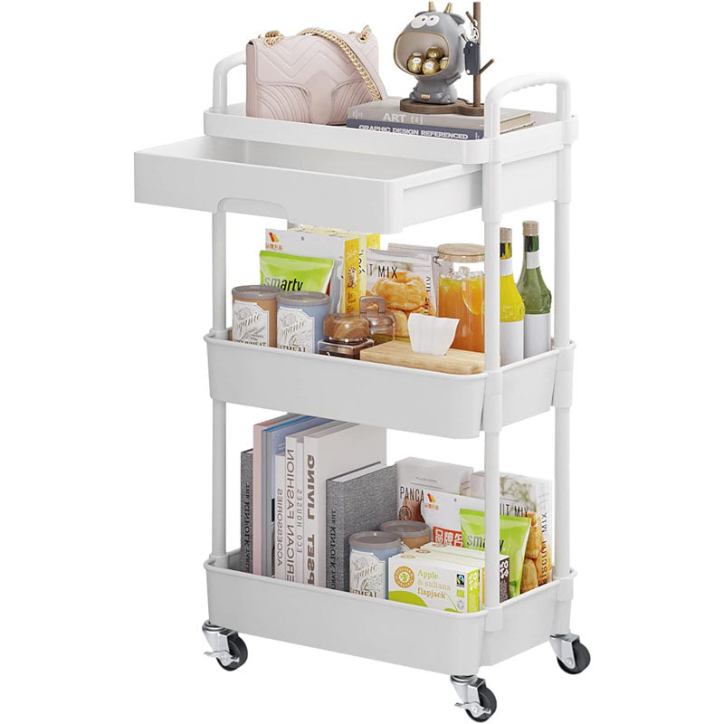 3-Tier Rolling Utility Cart with Drawer Multifunctional Storage Organizer for Kitchen Bathroom Living Room Office
