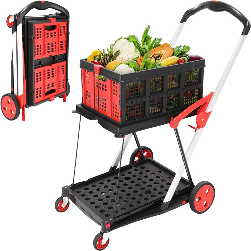 Utility Carts 360°Swivel Wheels Mobile Folding Trolley with Storage Crate Shopping Cart Folding Trolley