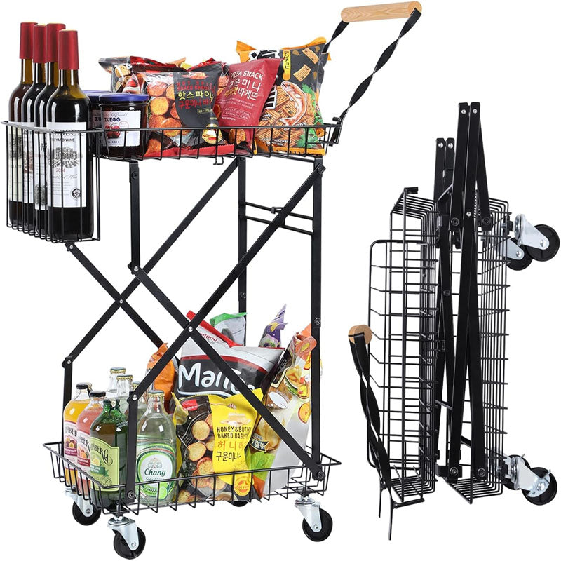 2-Tier Utility Carts Multi Use Functional Collapsible Carts with 360 ° Swivel Wheels Lockable Trolley