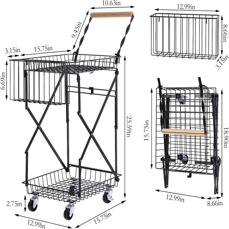 2-Tier Utility Carts Multi Use Functional Collapsible Carts with 360 ° Swivel Wheels Lockable Trolley