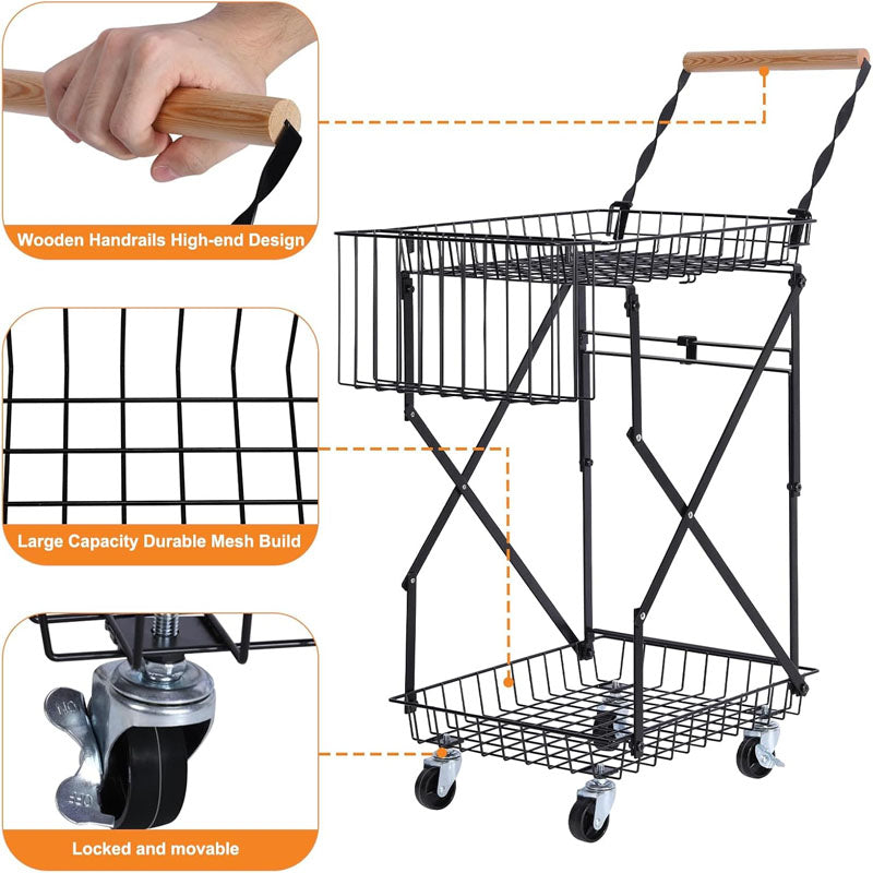 2-Tier Utility Carts Multi Use Functional Collapsible Carts with 360 ° Swivel Wheels Lockable Trolley