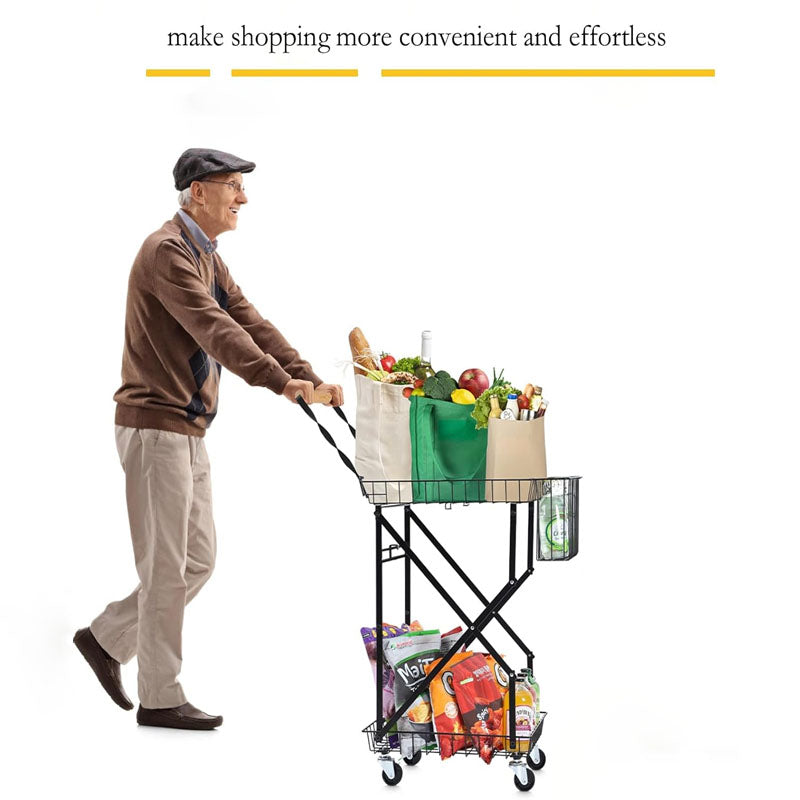 2-Tier Utility Carts Multi Use Functional Collapsible Carts with 360 ° Swivel Wheels Lockable Trolley