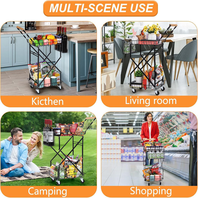 2-Tier Utility Carts Multi Use Functional Collapsible Carts with 360 ° Swivel Wheels Lockable Trolley