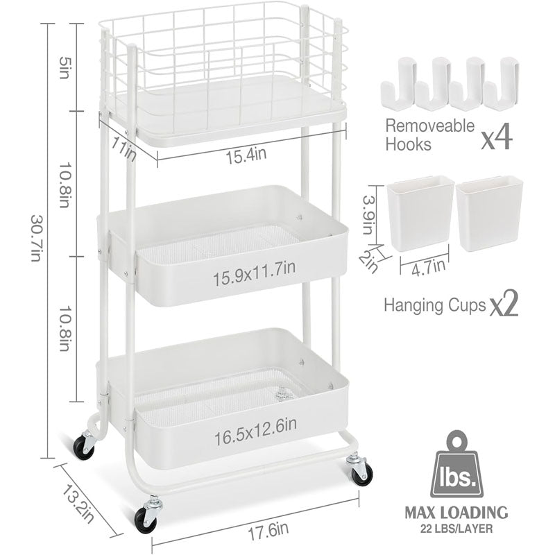 3-Tier Utility Carts with Wheels Rolling Cart Organizer Storage Cart for Bathroom Kitchen Office Bedroom