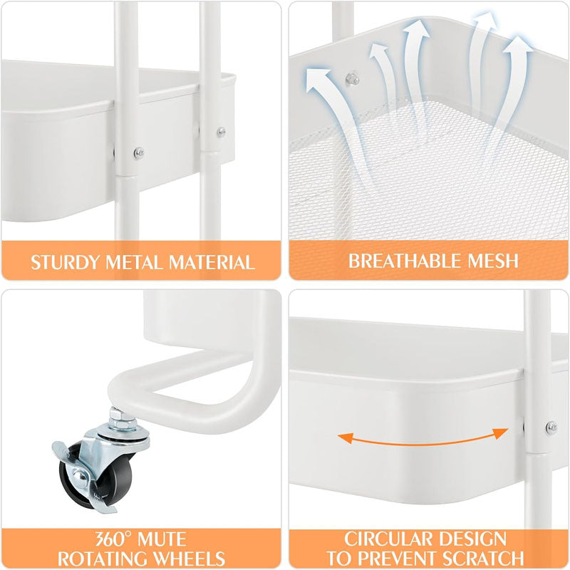 3-Tier Utility Carts with Wheels Rolling Cart Organizer Storage Cart for Bathroom Kitchen Office Bedroom