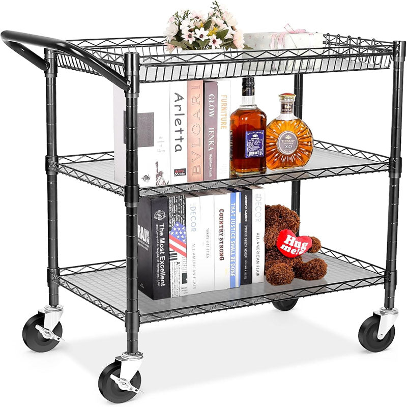 3-Tier Utility Carts 990Lbs Capacity Metal Rolling Carts with Wheels for Bathroom Kitchen Office Bedroom