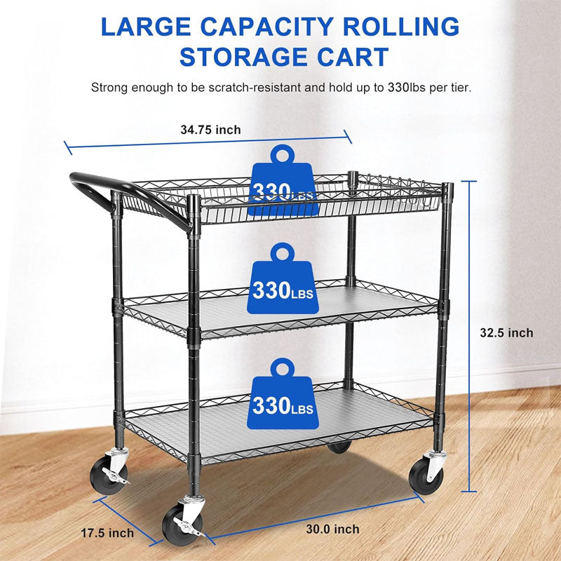 3-Tier Utility Carts 990Lbs Capacity Metal Rolling Carts with Wheels for Bathroom Kitchen Office Bedroom
