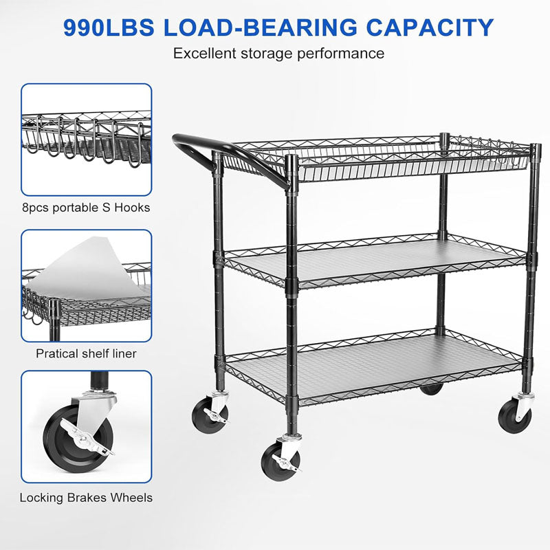 3-Tier Utility Carts 990Lbs Capacity Metal Rolling Carts with Wheels for Bathroom Kitchen Office Bedroom