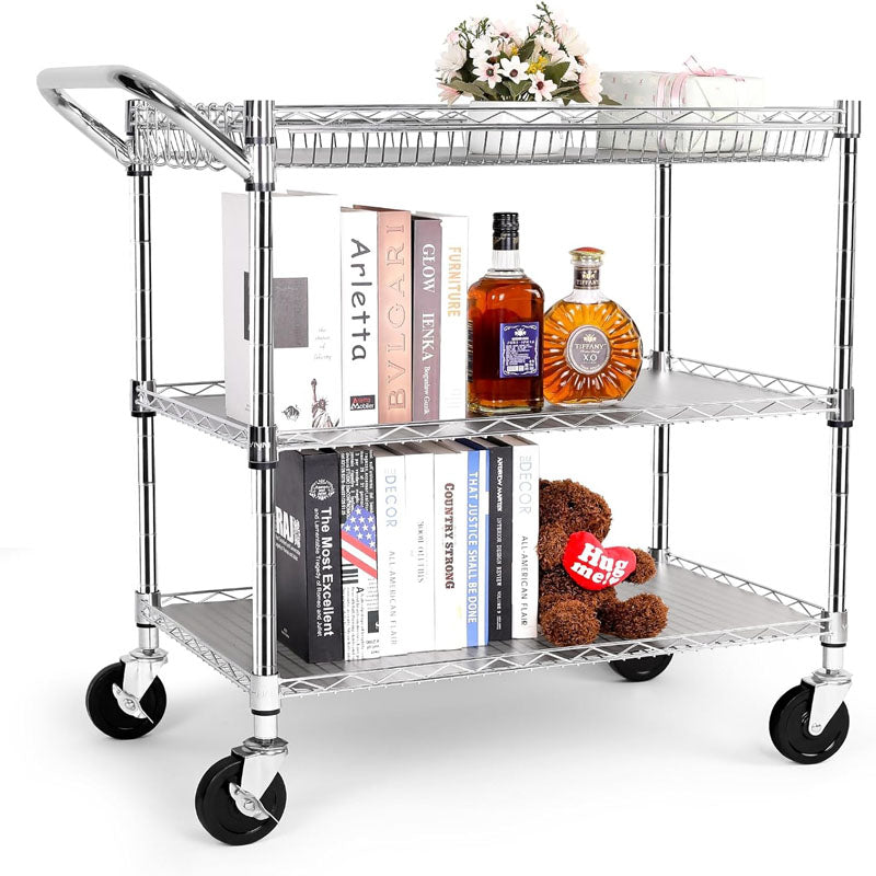 3-Tier Utility Carts 990Lbs Capacity Metal Rolling Carts with Wheels for Bathroom Kitchen Office Bedroom