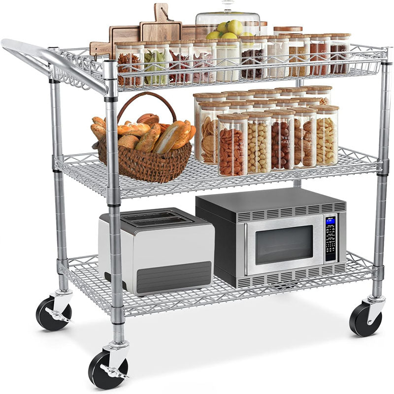 3-Tier Utility Carts 990Lbs Capacity Metal Rolling Carts with Wheels for Bathroom Kitchen Office Bedroom