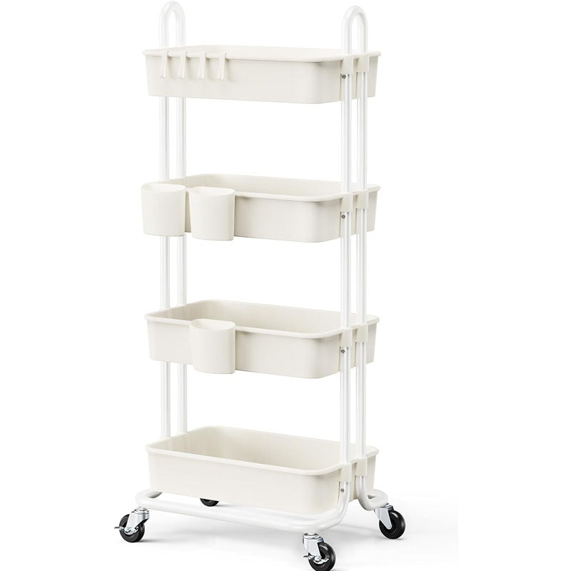4-Tier Utility Carts Rolling Cart with Lockable Casters PP Plastic Storage Baskets Hanging Cups & Hooks for Living Room Kitchen Bathroom