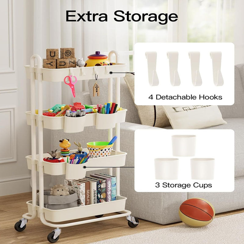 4-Tier Utility Carts Rolling Cart with Lockable Casters PP Plastic Storage Baskets Hanging Cups & Hooks for Living Room Kitchen Bathroom