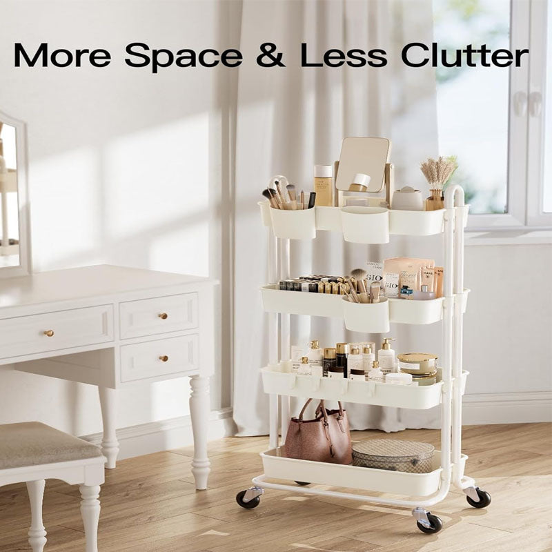 4-Tier Utility Carts Rolling Cart with Lockable Casters PP Plastic Storage Baskets Hanging Cups & Hooks for Living Room Kitchen Bathroom