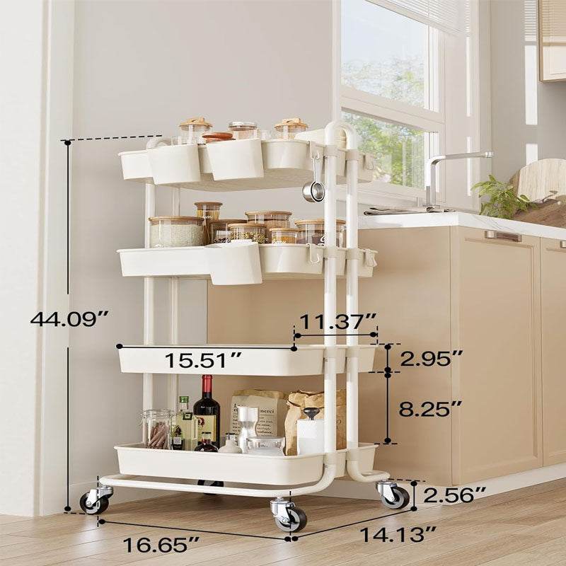 4-Tier Utility Carts Rolling Cart with Lockable Casters PP Plastic Storage Baskets Hanging Cups & Hooks for Living Room Kitchen Bathroom