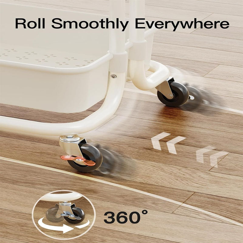 4-Tier Utility Carts Rolling Cart with Lockable Casters PP Plastic Storage Baskets Hanging Cups & Hooks for Living Room Kitchen Bathroom