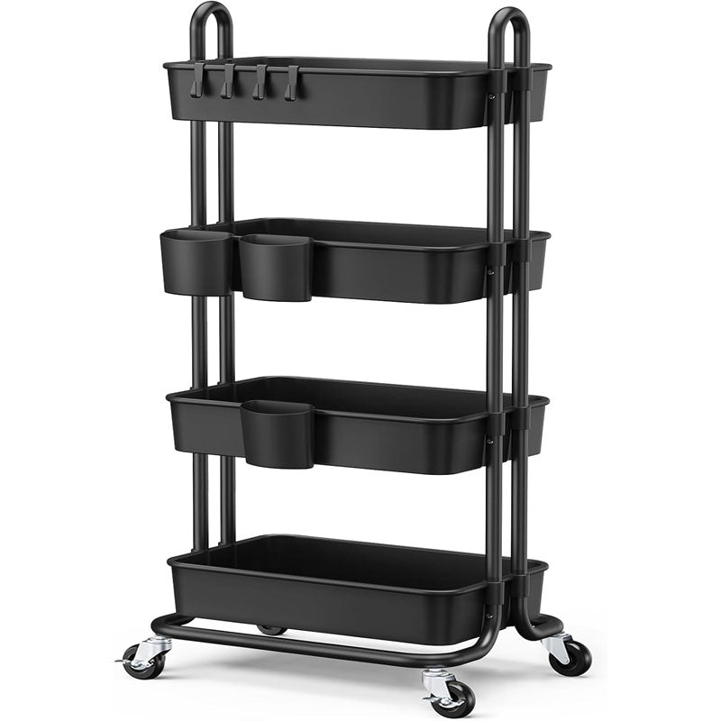 4-Tier Utility Carts Rolling Cart with Lockable Casters PP Plastic Storage Baskets Hanging Cups & Hooks for Living Room Kitchen Bathroom