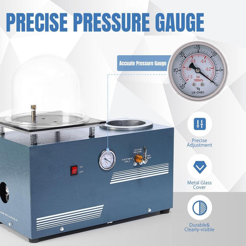 2L Vacuum Investing Casting Machine with 3 CFM Pump Casting and Bell Jar for Jewelry Casting Molds Processing