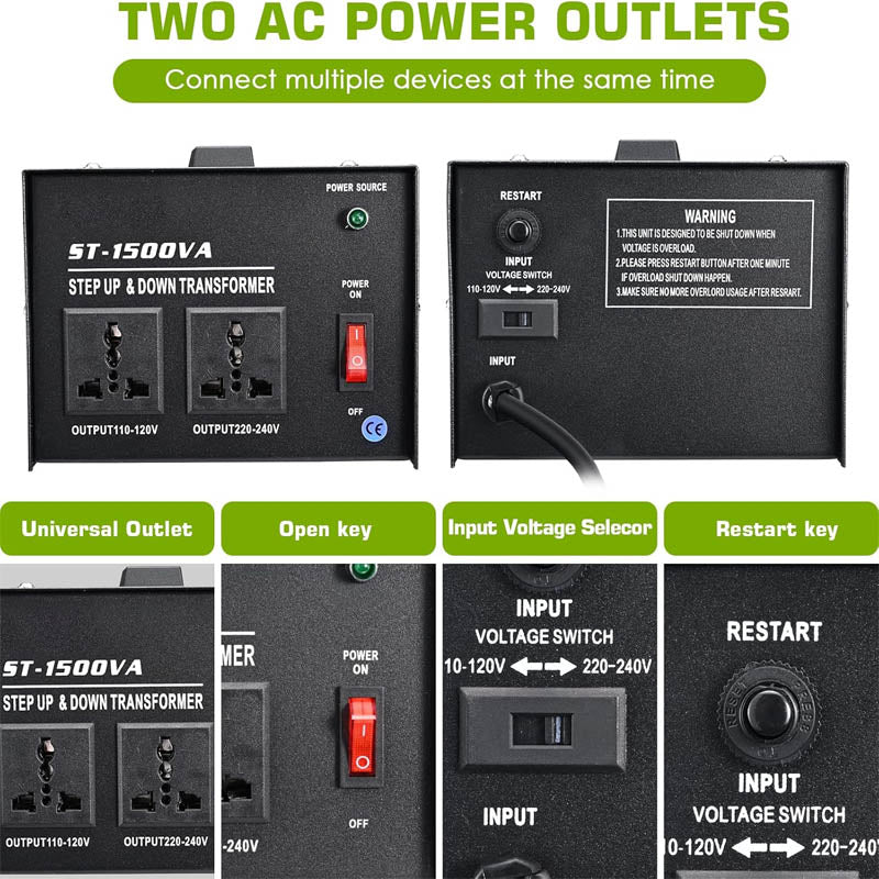 Voltage Converter Transformer 1500W Heavy Duty Step Up/Down Transformer 110 / 220V