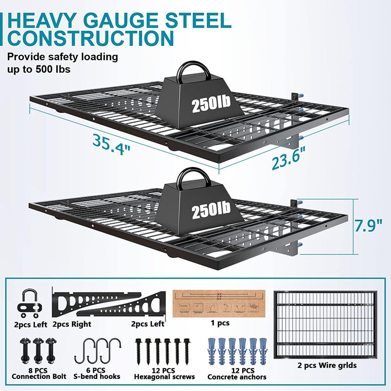 Wall Mounted Garage Storage Shelving 2 Pack 2x3ft Loads 500 lbs Strong Garage Organiser Adjustable Shelf Heavy Duty Sturdy Wall Shelves