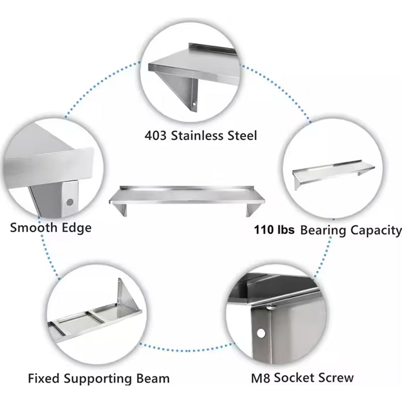 Stainless Steel Kitchen Wall Mounted Storage Rack Wall Mounted Shelves With Steel Brackets For Restaurant Kitchen Bar Counters