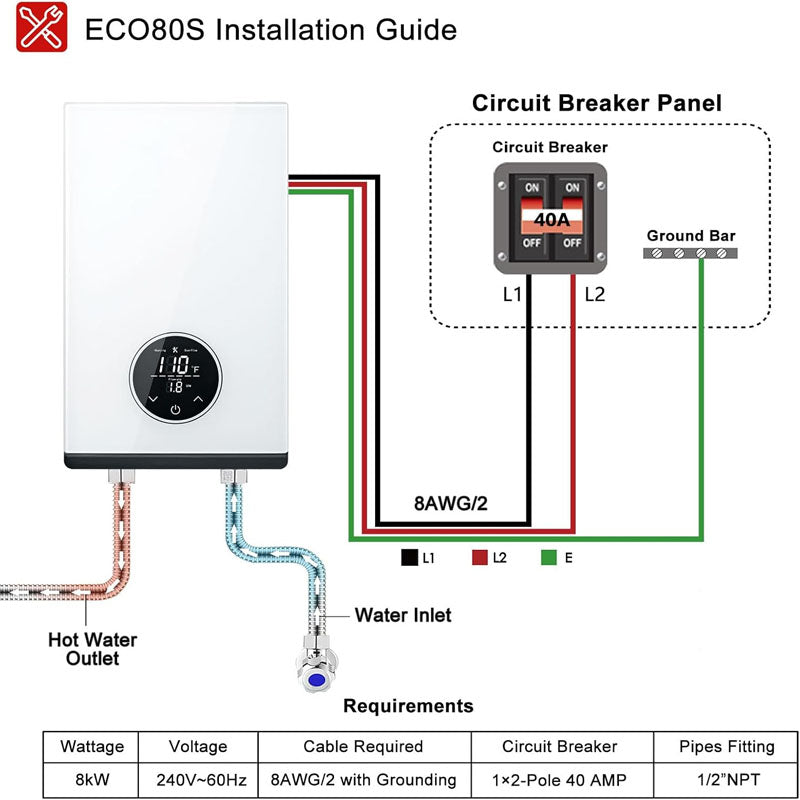 8kW 240V Instant Hot Water Heater Tankless Water Heater Electric Digital Temperature Display