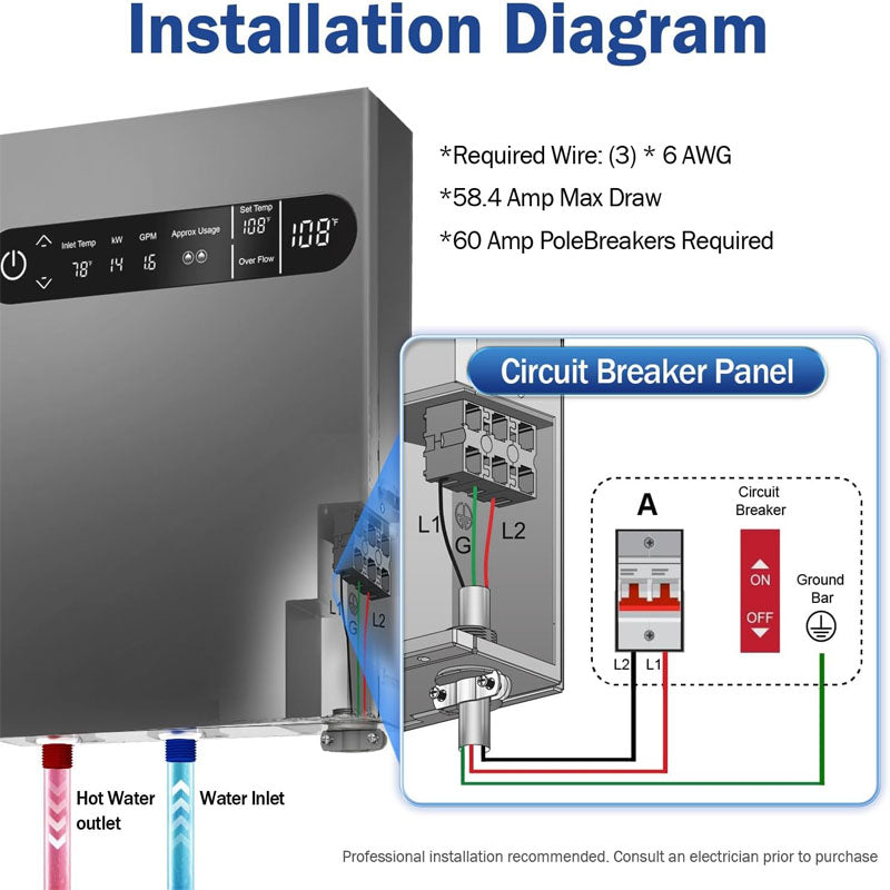 Electric Tankless Water Heaters 14kW 240V on Demand Instant Endless Water Heater For Kitchen Bathroom Shower Mall Salon