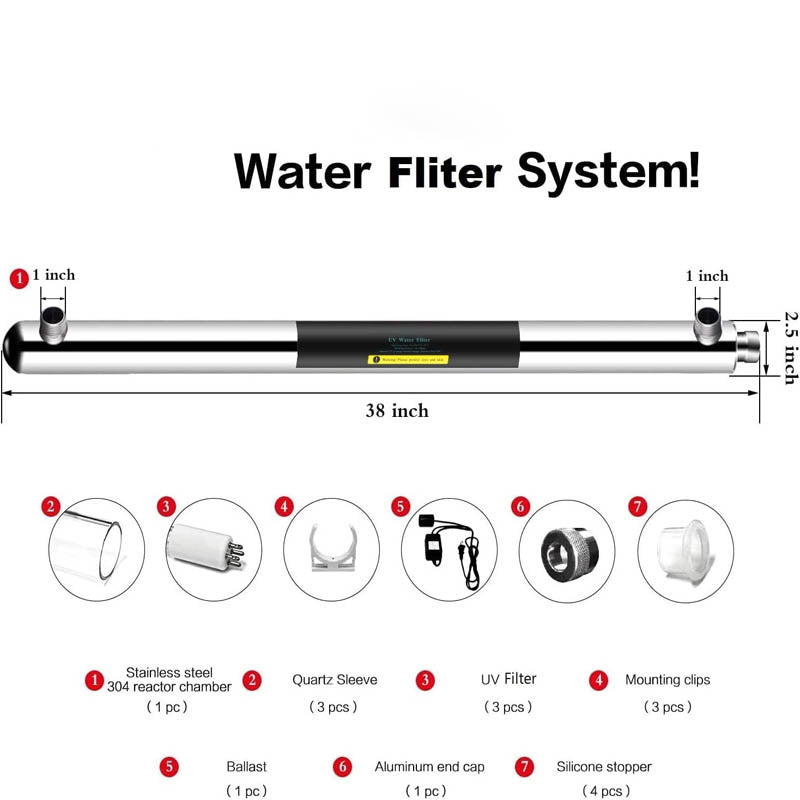 Water Sterilizer Purifier UV Light Water Filter for Whole House Water Purification 55W 3 UV Lamps + 3 Quartz Sleeves