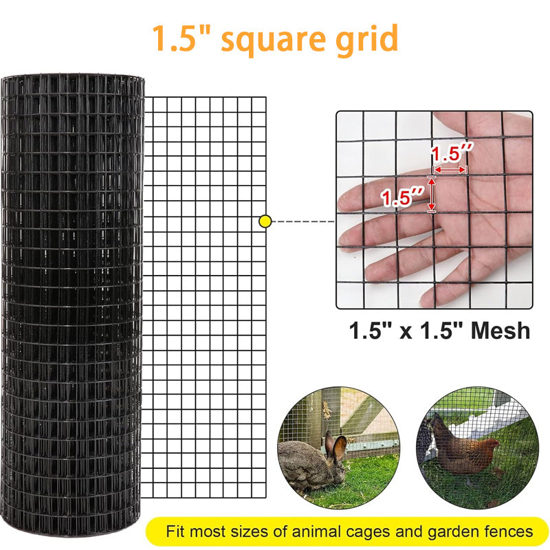 36'' x 50' 1.5 Inch Hardware Cloth, Vinyl Coated Welded Fence Mesh For Garden Fence And Pet Fence, Black