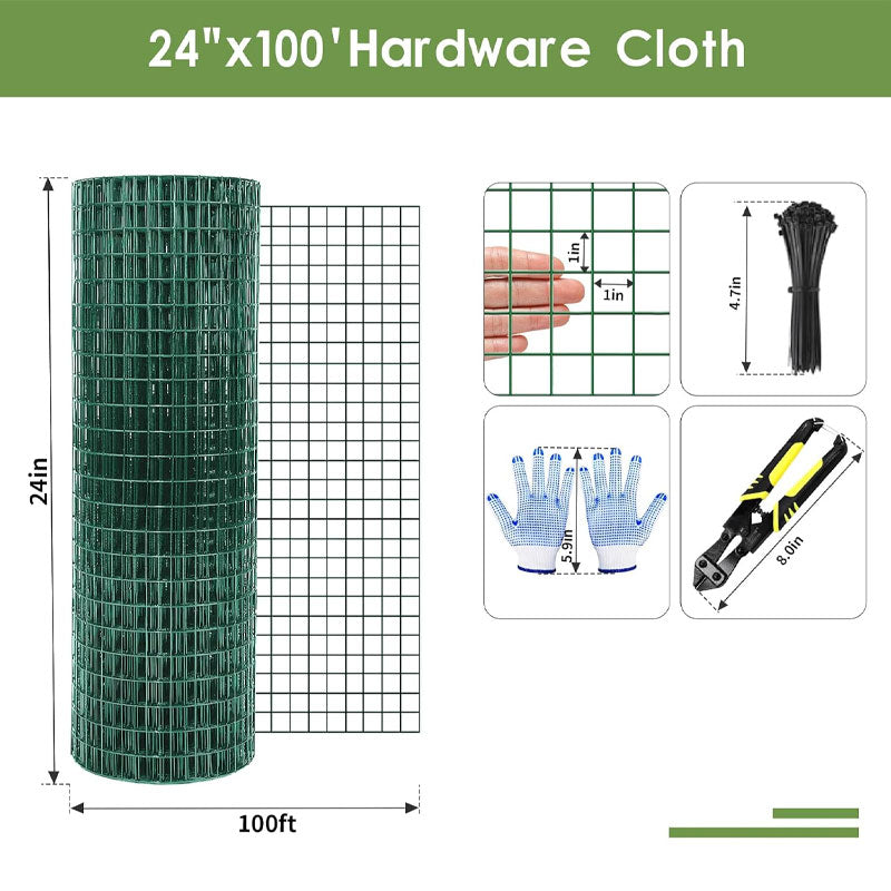 Welded Wire Roll, 24 Inch x 100 Ft Green Wire Mesh Fence, Suitable For Garden Fencing, Poultry Netting For Rabbit/Duck/Chicken Coop