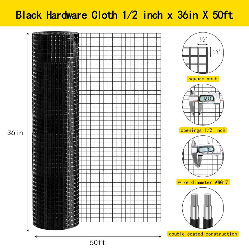 Black Welded Wire Mesh 1/2 Inch 36 X 50 Feet, PVC Coated Wire Mesh For Chicken Wire Fence, Garden Fence, Home Improvement Projects